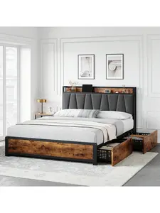 Full/Queen Size Vintage Brown Queen Bed Frame With Sturdy Metal Construction, 4 Under-Bed Storage Drawers, Noise-Free Design, And Built-In Charging Station For Easy Access