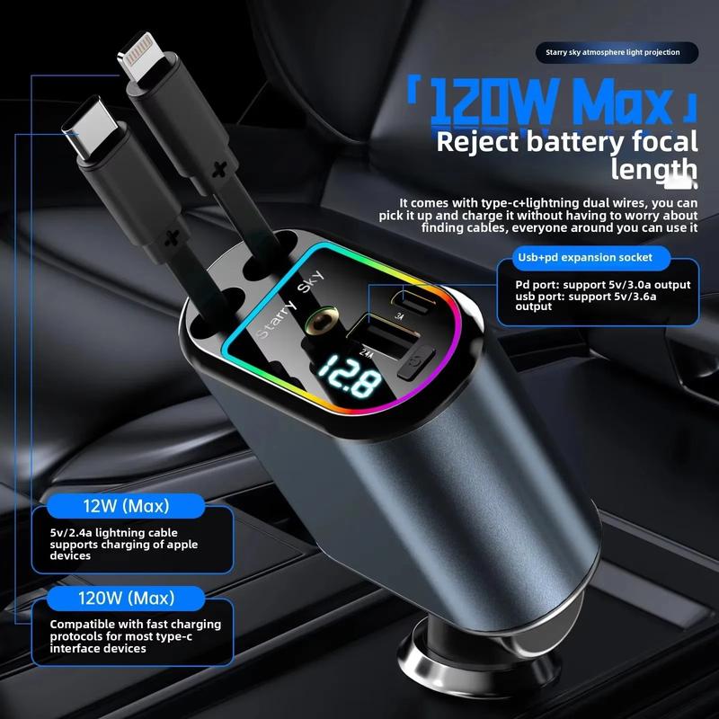 4-in-1 Starry Sky Retractable Car Charger 120W Top Projection Light Four-In-One Type-C+Lightning Dual Wires Usb+Pd Expansion Socket