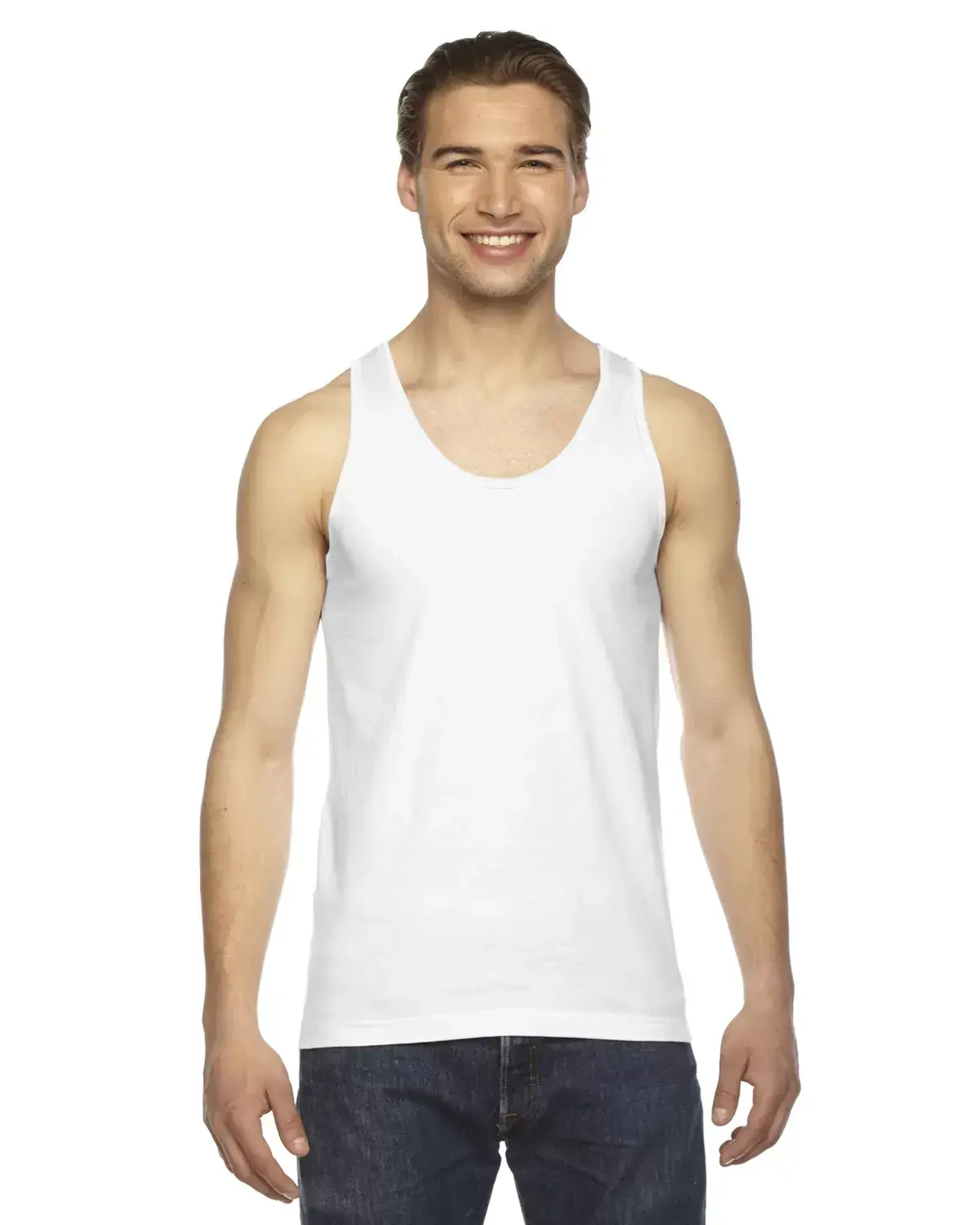 American Apparel 2408W Unisex White Cotton Fine Jersey Tank Top - Sleeveless, Plain, Tubular Cut, Double-Stitched Menswear Top, Casual, Double-Stitch Stitching, No, S