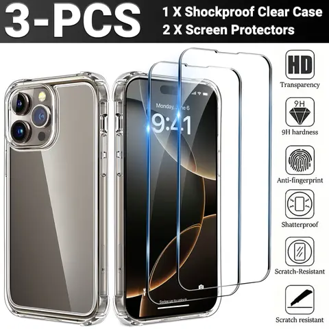 For iPhone 17 16 15 14 13 12 11 Pro Max XS XR 8 7 6 SE Shockproof Clear Case +2x Tempered Glass Screen Protector