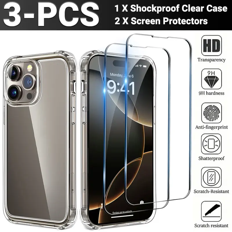 For iPhone 17 16 15 14 13 12 11 Pro Max XS XR 8 7 6 SE Shockproof Clear Case +2x Tempered Glass Screen Protector