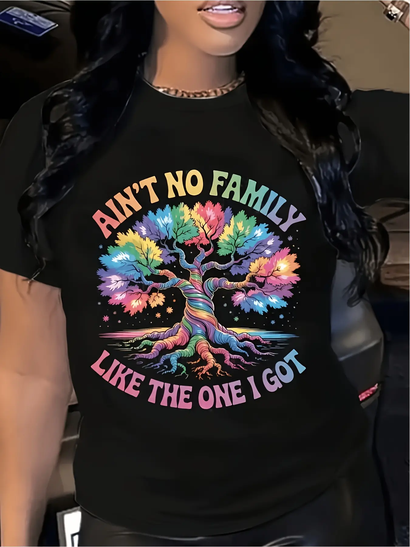 Women's Crew Neck T-Shirt - Womenswear, Soft, Breathable, Machine Washable - "I Ain't No Family Like The One I Got" Rainbow Tree Pride Multicolor Bonding Apparel