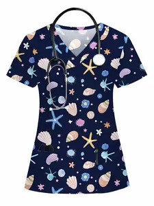 Women's Cartoon Shell Print V-Neck Nursing Uniform Top, Casual Short Sleeve Workwear, Soft Elastic Pleated Shirt with Two Pockets, Nursing Clothes