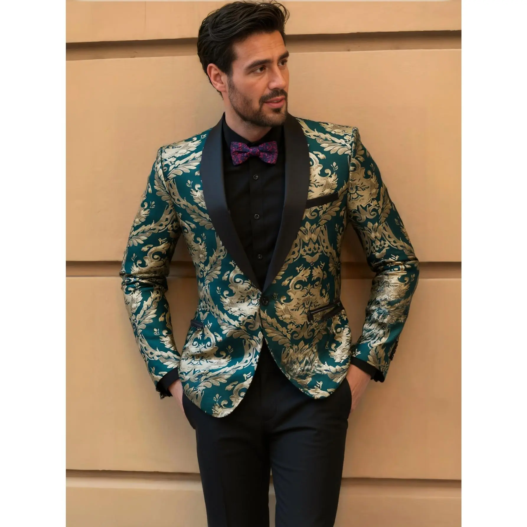 Men's 2-Piece Formal Tuxedo Suit Set - Shawl Lapel, Long Sleeve Floral Jacquard Fitted Blazer, Matching Hidden Pockets Medium Length Trouser, Soft Polyester Fabric for Weddings, Prom, Classic Elegant Chic Rayon Menswear