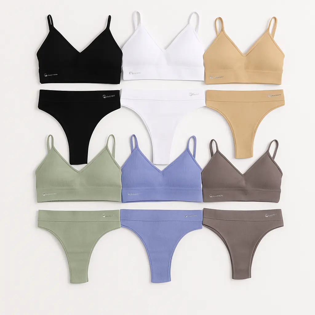 Talmont Seamless Ribbed Bra & Panty Set – Soft, Stretchy Lounge Lingerie with Removable Pads Light Breathable Fabric Womenswear Adjustable Pastel Underwear