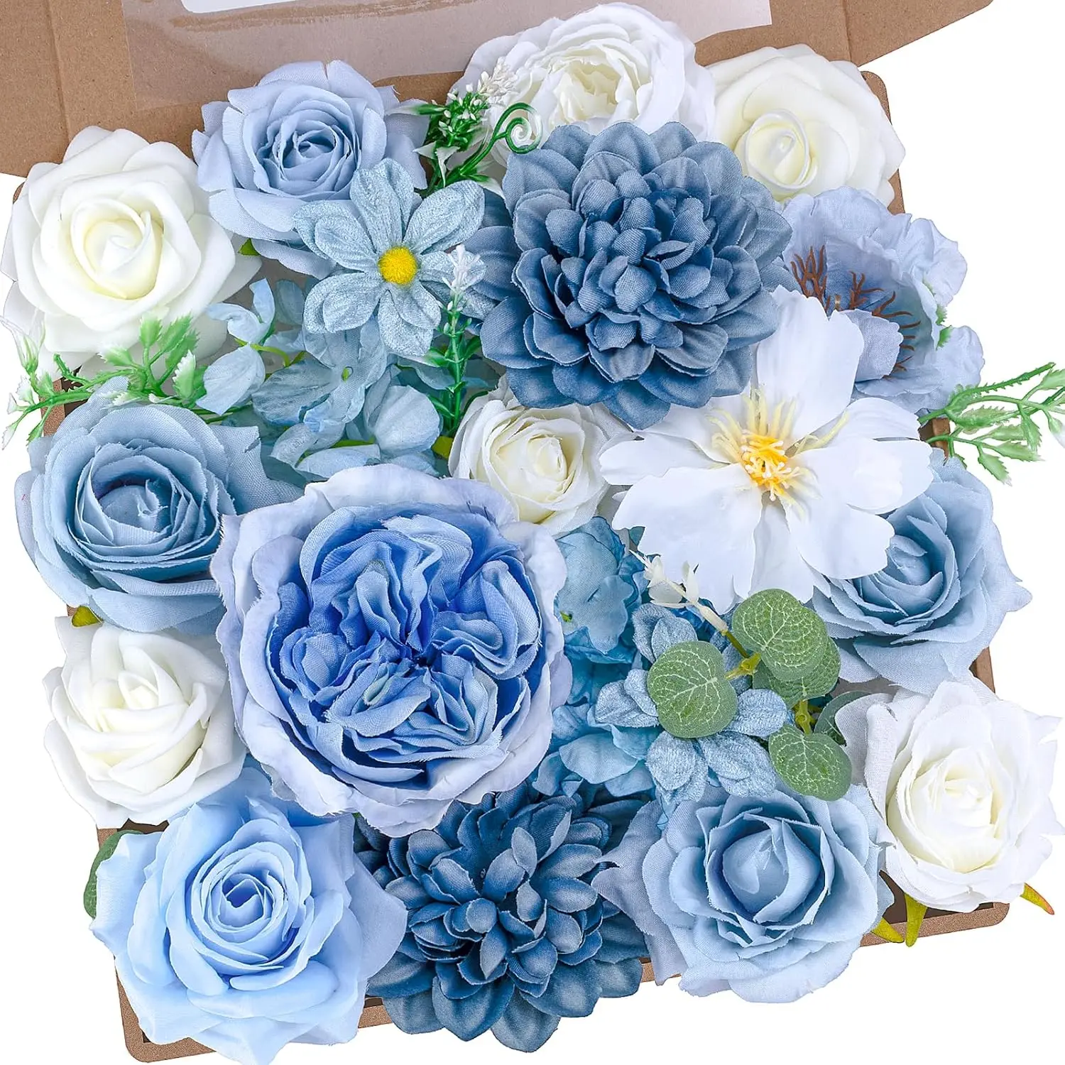 Light Blue Flowers Artificial Roses Combo Set Fake Blue Silk Flowers Faux Peony Flowers Mix Hydrangea Dahlia with Stems for Wedding Bouquets Baby Bridal Shower Party Floral Arrangements Decor