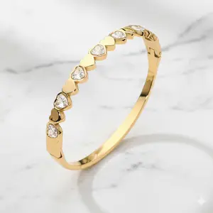 Heart Crystal Hinged Bangle Bracelet Stainless Steel
