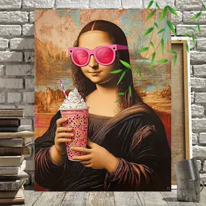 2D Flat, 2D Flat, 1pc Wooden Framed Canvas Painting Mona Lisa Wearing Pink Glasses Holding Bubble Tea Art Prints Wall Bedroom Living Room Home Decor Funny Art Canvas Print Poster Picture with Framed Ready to Hang Unique Wall Art Decoration Modern H