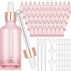 Nuogo 50 Pack Eye Dropper Bottle with Caps, 2oz Glass Bottles Bulk with 5 Droppers for Essential Oils, 3 Plastic Funnels, 30 Labels Stickers for Perfume Liquid Body Oil Beauty Oil(Pink)