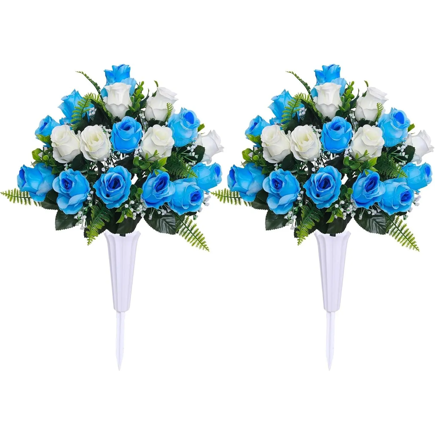 Set of 2 Artificial Cemetery  with Vase,Grave Memorial ,Artificial Rose Bouquet Decoration for Cemetery Headstones Gravesites (White & Blue, 2 Bouquets)