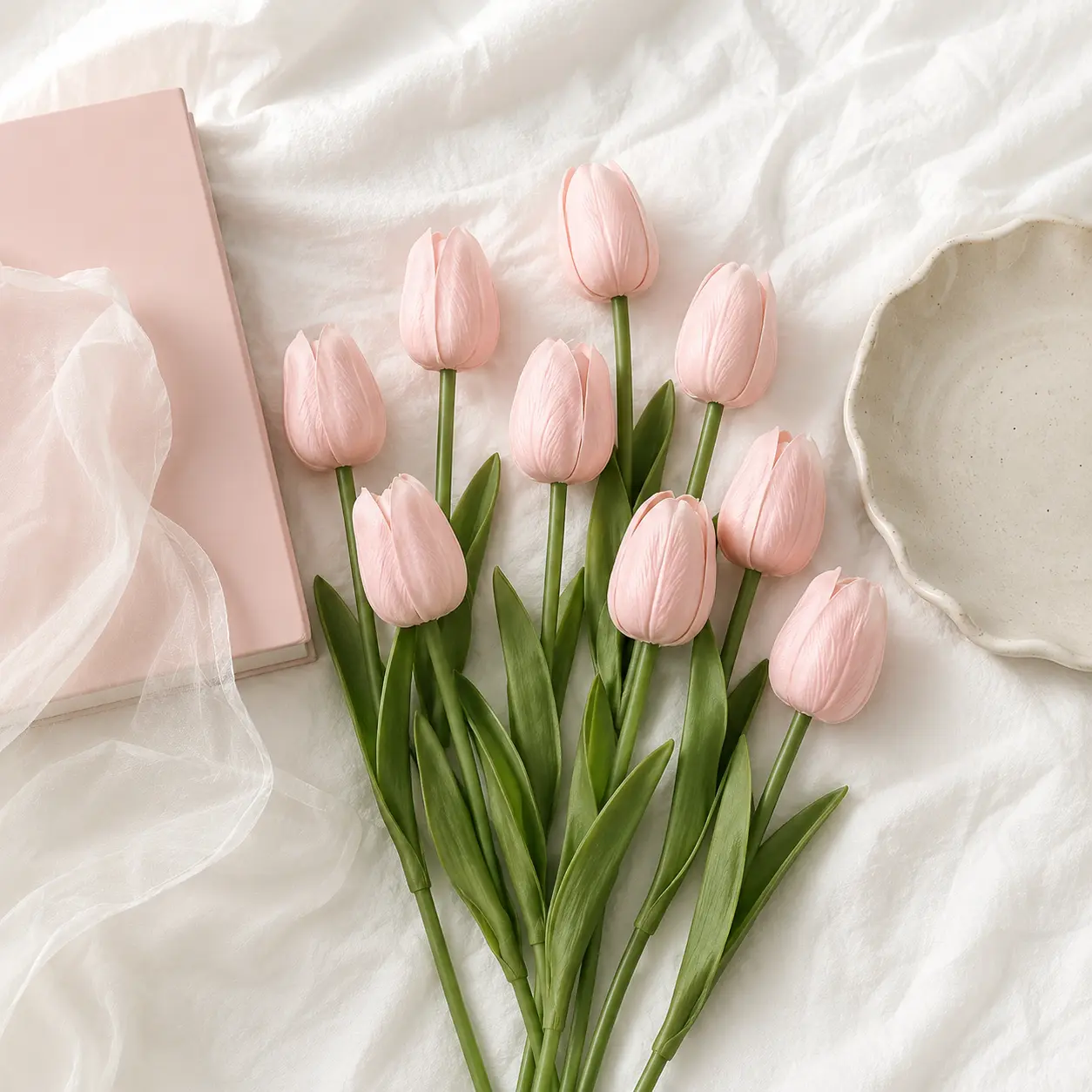 Realistic Pink Tulips 10pcs Set | Artificial Flowers for Bedroom, Office & Wedding Decor