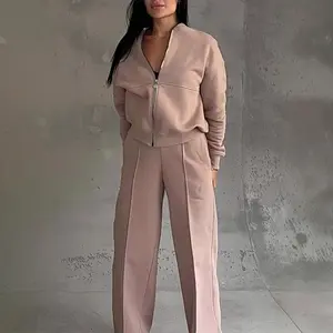 Fashion Jacket Pant Women 2 Pieces Set Casual Long Sleeve Zipper Solid Sweatshirt Trousers Suit 2025 Autumn Winter Sportwear Clothes Black
