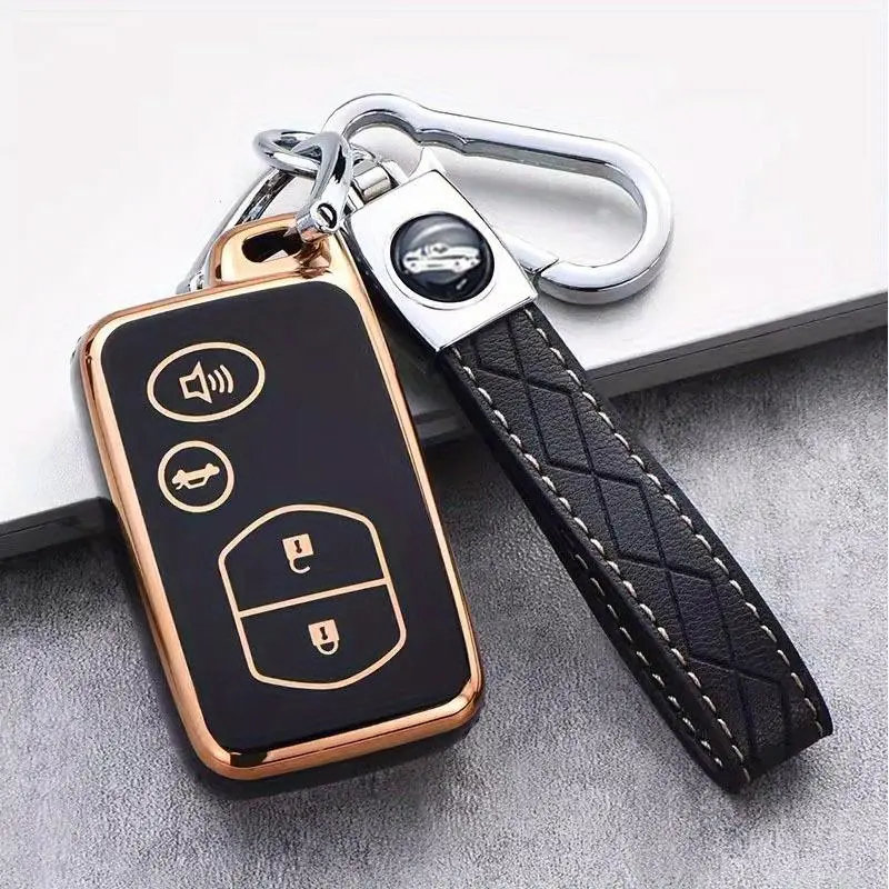 Metal & Leather Car Key Fob Case Cover with Keychain – Multi-Vehicle Car Accessories Kit Set for Toyota (Land Cruiser, Prado, Camry, Prius, Reiz, Crown, Highlander) & Subaru (Forester, Rbz, Legacy, Outback)