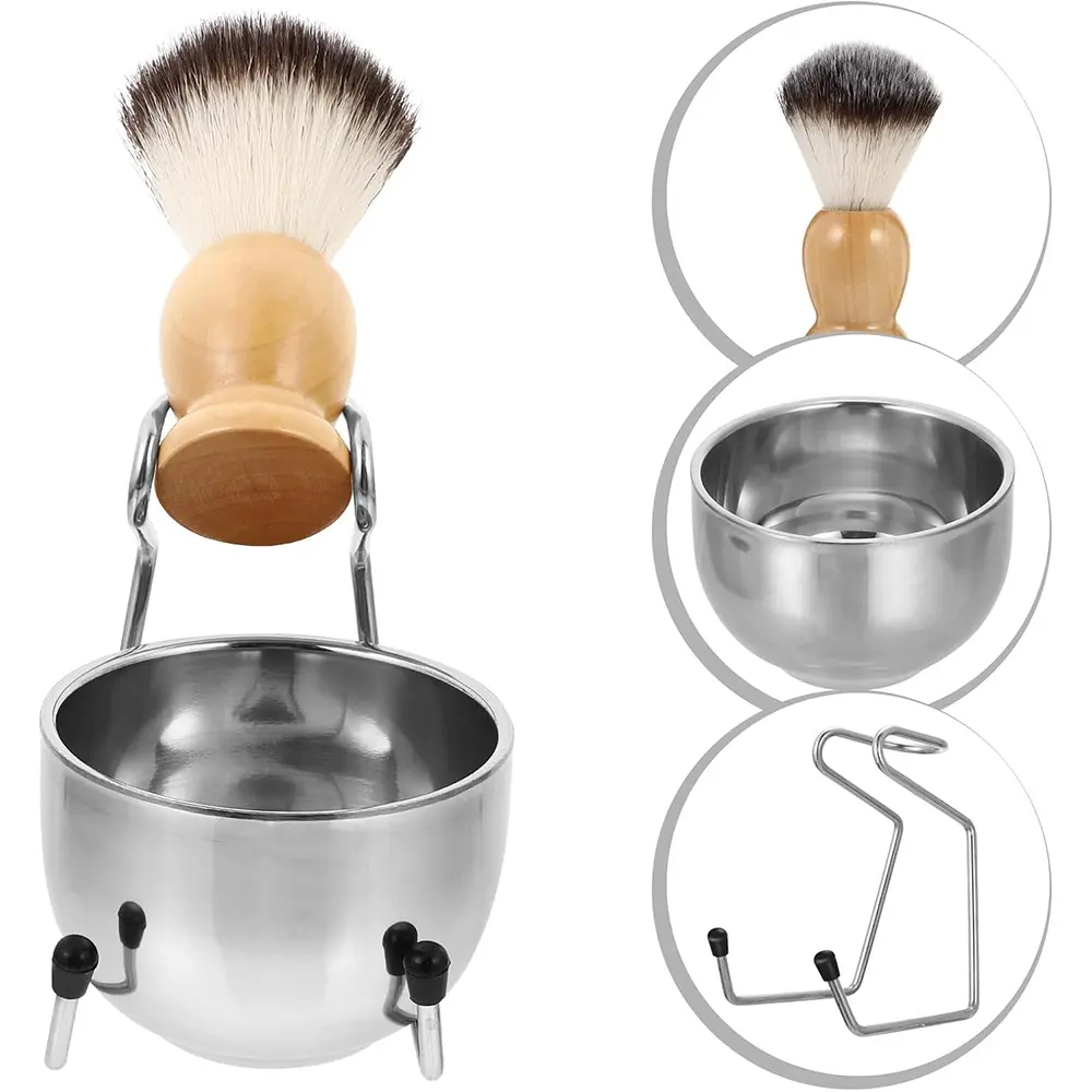 Shaving Brush Synthetic Badger Hair Wood Handle,Stainless Steel Shaving Stand and Bowl,Perfect for Men Wet Shave