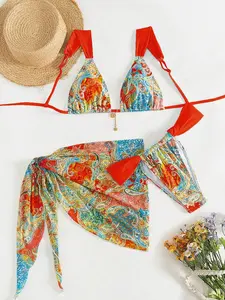 Three-Piece Paisley Print Bikini Set, Tie-Band, Matching Sarong, Perfect for Beach Vacation or Tropical Trip