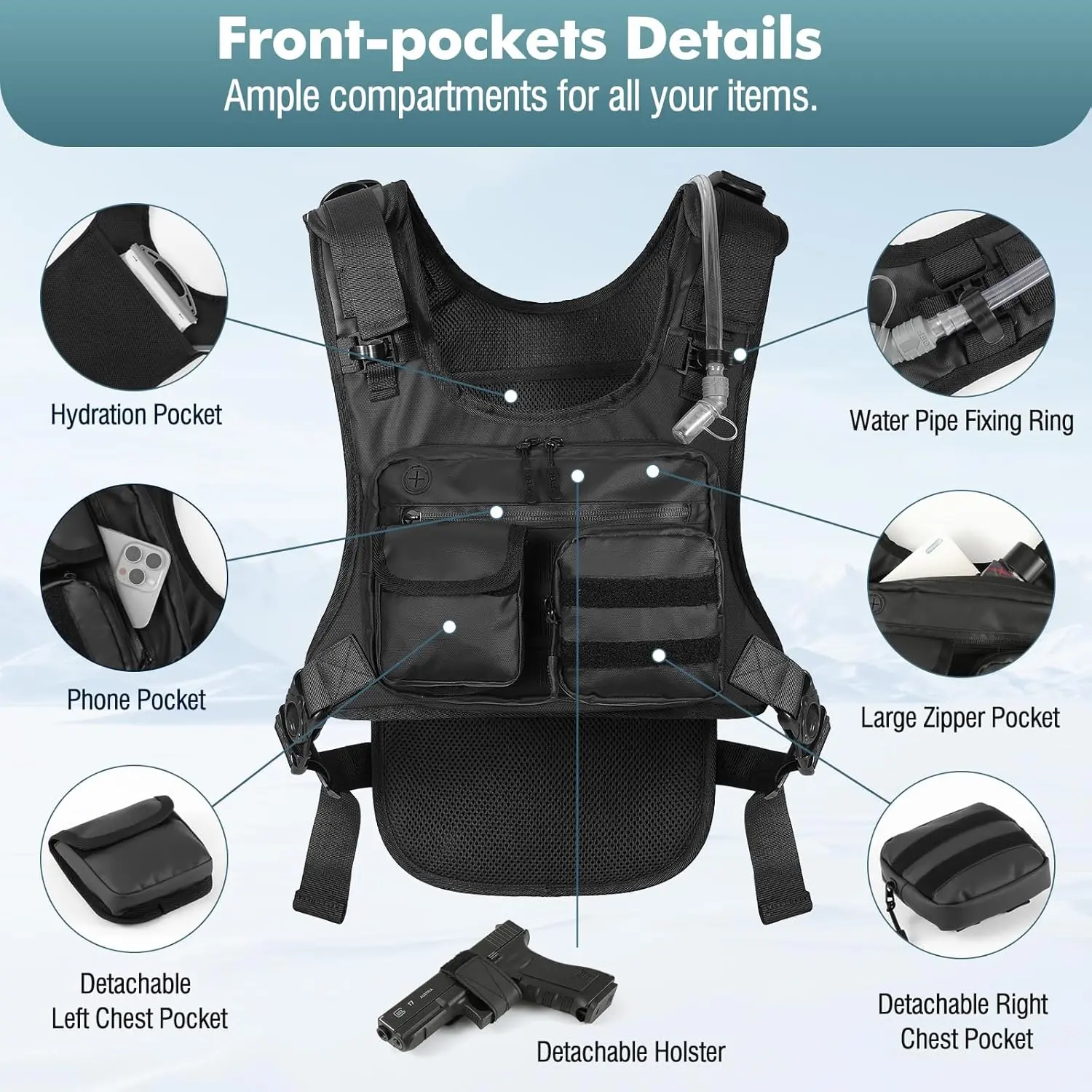 MOKO Lightweight Reflective Hydration Vest with 2L Water Bladder for Men & Women, Adjustable Polyester Sport Pack with Front Pocket for Trail Running & Hiking, Active, Outdoor, Hydration Pack, Lightweight Reflective Chest Pack