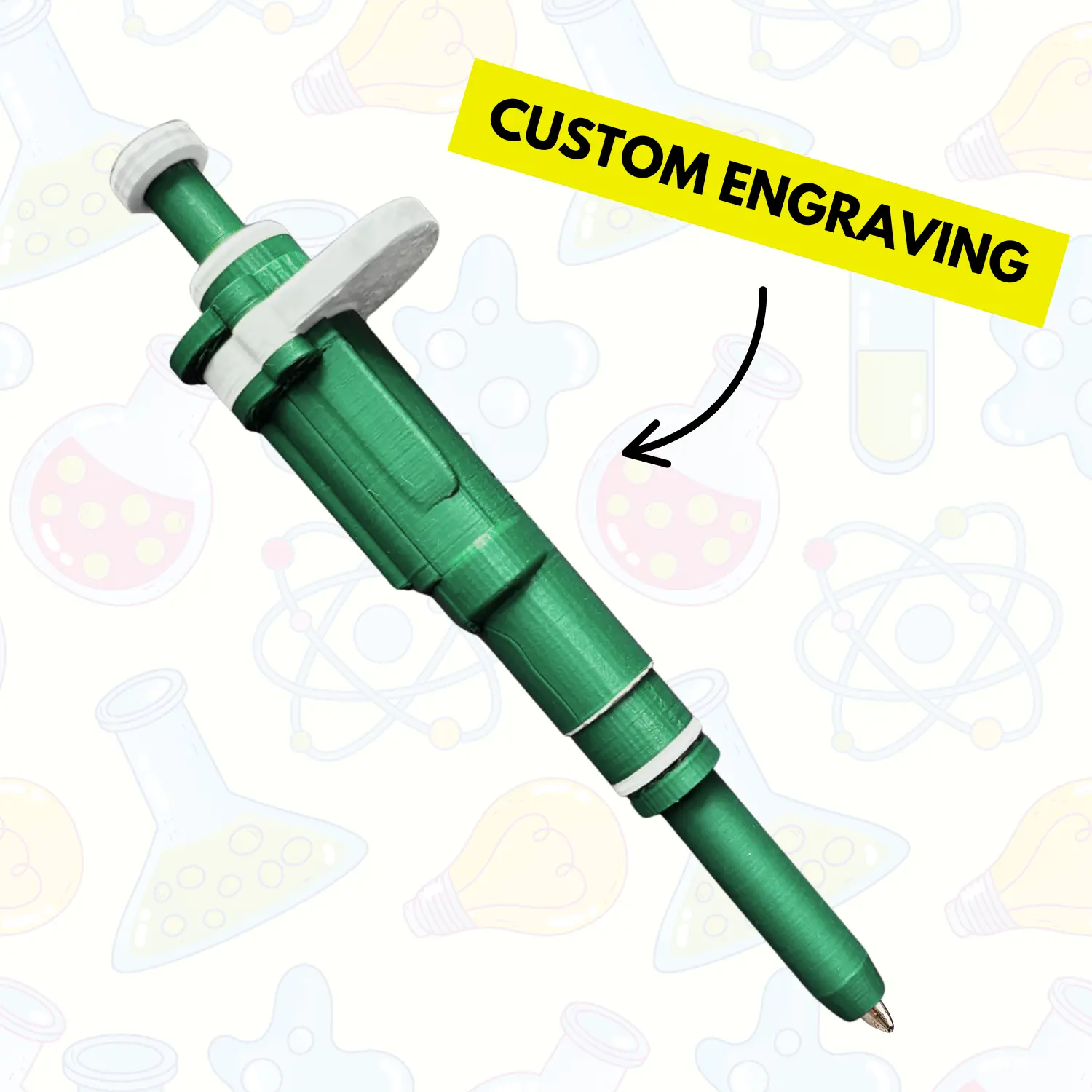 Mistletoe Green Ultra-Realistic Plunger Pipette Ballpoint Pen - PVA Plastic, Retractable, 3D-Printed, Custom Engraving Available, 154x19x25mm, Quick-Drying Formula, Standard Refill, Office Writing Tool for Scientific Notes & Science-Lovers