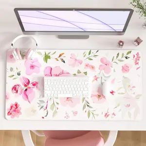 Floral Mouse Pad, Watercolor Pink Flowers Large Desk Mat, Computer Keyboard and Mouse Mat, Cute Office Decor Women Girls Desk Accessories Work Home Office Suppliers, 24"x14"