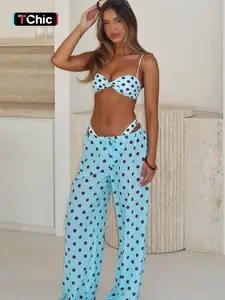 Women's Transparent Bold Mint Blue Sheer Polka Dot Loose Long Pants, Drawstring Waistband, Festival Vacation Skin-Friendly