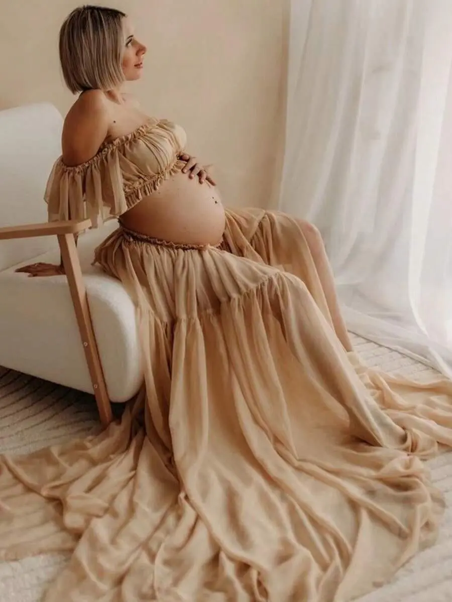 maternity off shoulder floor-length dress PinkBlush Lavender Off Shoulder Chiffon Maxi Maternity Dress