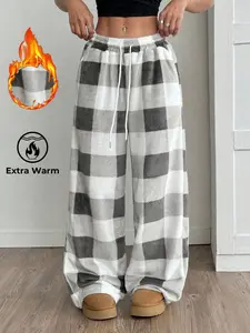 Extra Warm Plaid Wide Leg Pants, Cozy Fleece Loungewear for Winter, Trendy Oversized Checkered Pajama Bottoms, Perfect for Lounging, Streetwear & Casual Daily Outfits, Comfy Baggy, Loose Trousers 2025, Y2K Aesthetic Soft Plush Thermal Pants