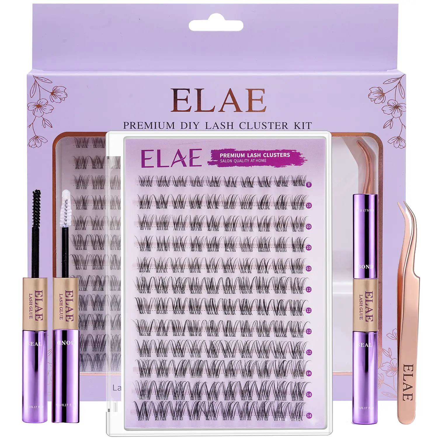 ELAE D-Curl Synthetic Lash Clusters Kit, 120PCS 8-14mm Mixed Length, Natural Wispy Lightweight Individual Lashes, Bond & Seal, Precision Tweezers, Beginner-Friendly DIY At-Home Eyelash Extensions