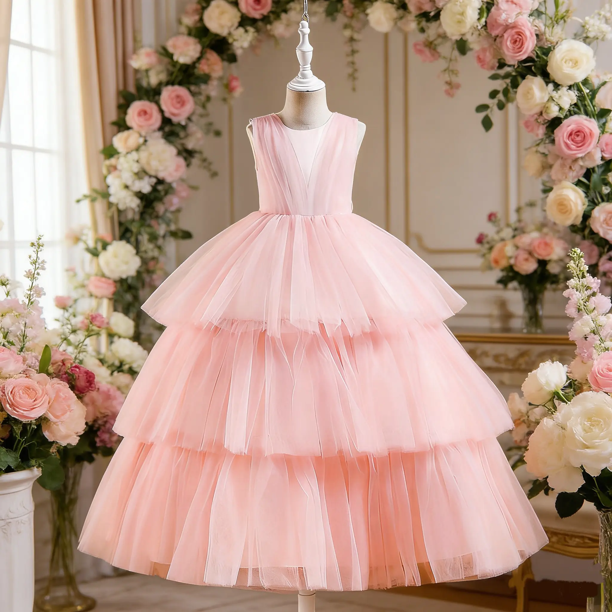 288 Elegant Girls Dress Teen Girl First Communion Ceremony Long Clothing Kids Bridesmild Summer Vestidos Host Stage Performance Catwalk Piano Performance Costume