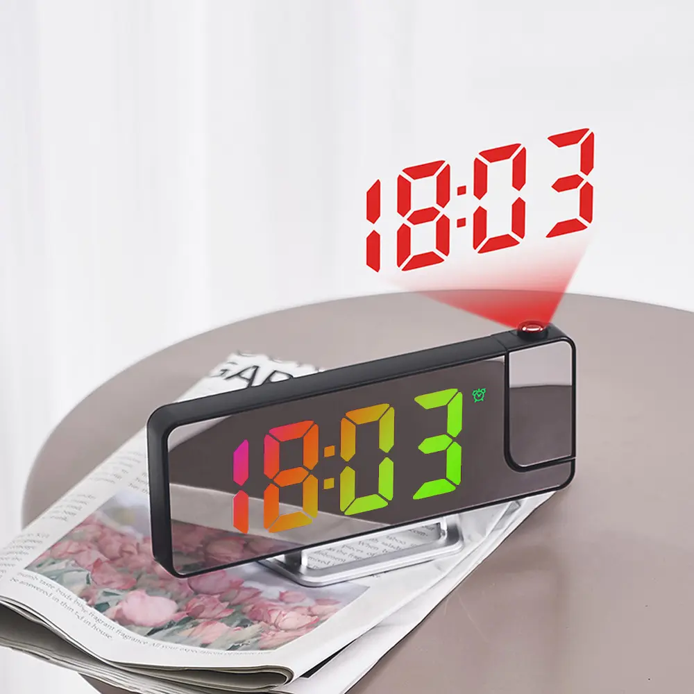 7.9" LED Mirror Digital Projection Alarm Clock - 180° Rotatable Projector, RGB Night Light, USB-C Port, Auto Dimming, Modern Desk Clock for Bedroom Decor (Colorful)