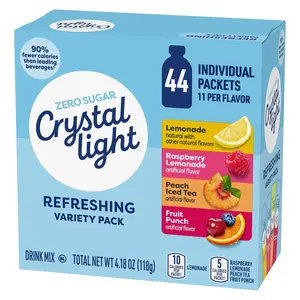 Crystal Light Refreshing Drink Mix Variety Pack, 44 Packets, for Convenient Hydration, Lemonade, Raspberry Lemonade, Peach Iced Tea, Fruit Punch, Natural and Artificial Flavor, Zero Sugar, 4.18 oz