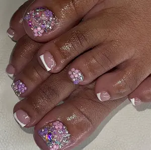 Pink & Purple Bling French Tip Press on Toe Nails, Sturdy False Fake Press on Toe Nails, Reusable