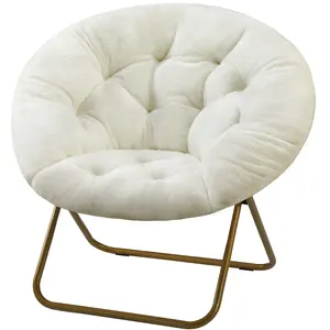 Saucer Chair For Adults, Teens & Kids, Grey, Faux Fur XL Circle Chair for Bedroom, Dorm & Gaming, Foldable Comfy Accent Seat for Small Spaces, Folding Moon / Mushroom / Round Oversized Style