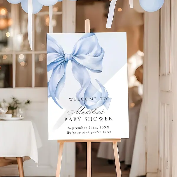 Personalized Blue Bow Baby Shower Welcome Sign, Custom Name Foam Board Sign | 18x24 & 24x36 | Printed & Shipped, No DIY