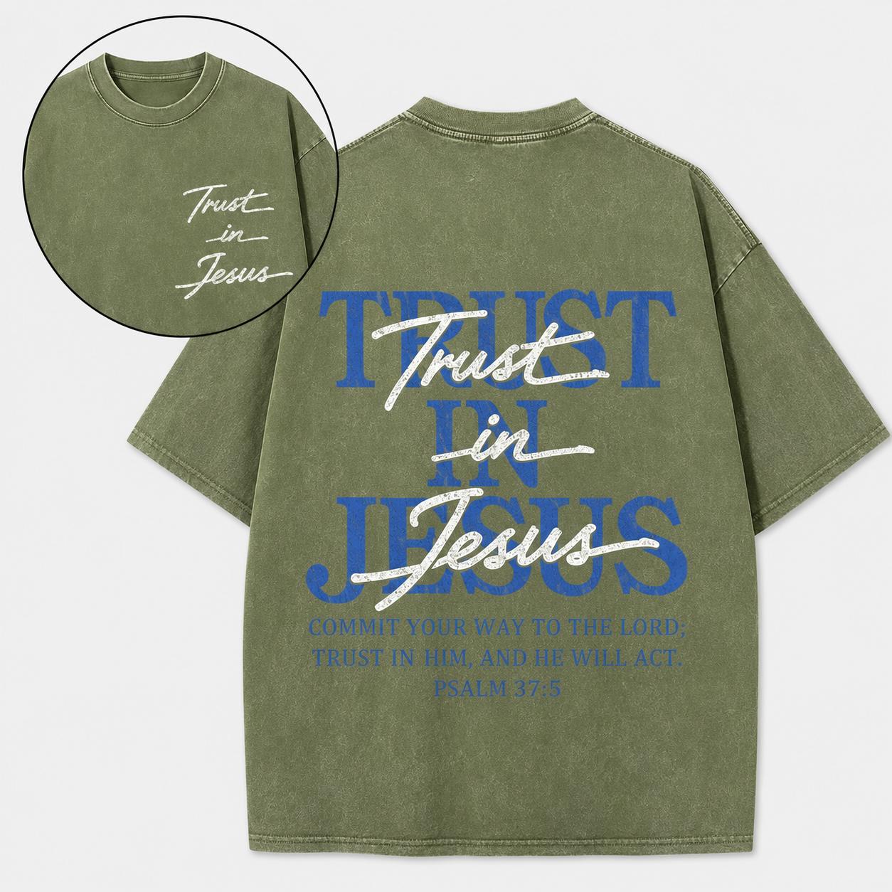 Women's Unisex 'Trust in Jesus' Faith Message Short-Sleeve Graphic Tee, Vintage Washed Oversized Cut Casual Tee Shirt, Classic Crew Neck, Dropped Shoulder, Front/Back Print, Streetwear Vibe Top