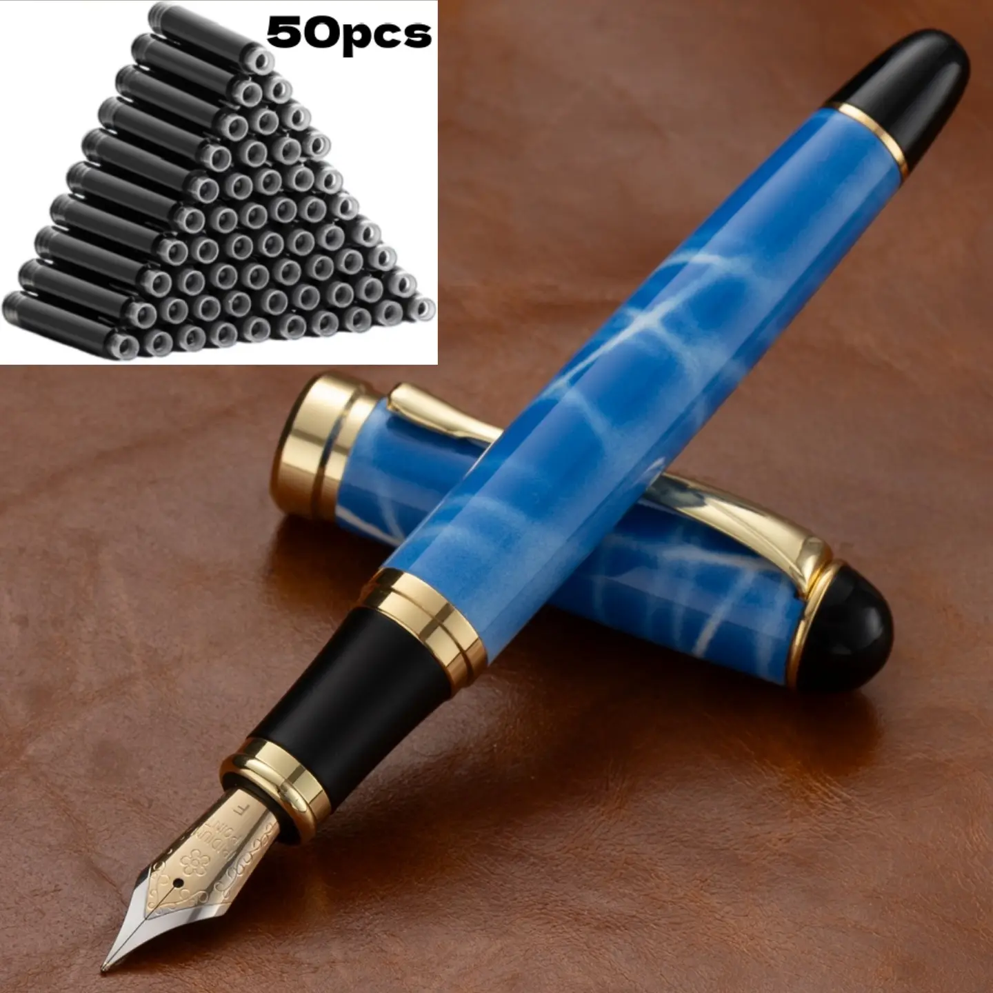 51-Piece Stainless Steel Fine Tip Pen Set (1 Pen + 50 Ink Cartridges), 0.5mm Metal Tip, Snap-Closure Cap, Electroplated Illusion Gradient Barrel, Refined High-Quality, Suitable for Calligraphy, Ideal for Thanksgiving, Father’s Day, Valentine’s Day