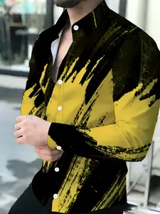 Men's Black and Yellow Brush Stroke Print Breathable Lapel Long Sleeve Button Up Shirt