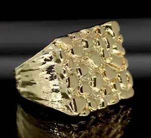 14K Gold Plated Nugget Square Pinky Ring Hip Hop Statement Sizes 5-14