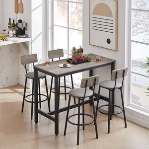 4-Piece Bar Table Set with PU Upholstered Stools, 13.4" Wide Seat, Wooden Backrest, Looped Footrest, Rustic Grey Table & Black Iron Frame, Space-Saving, 350 lbs Capacity