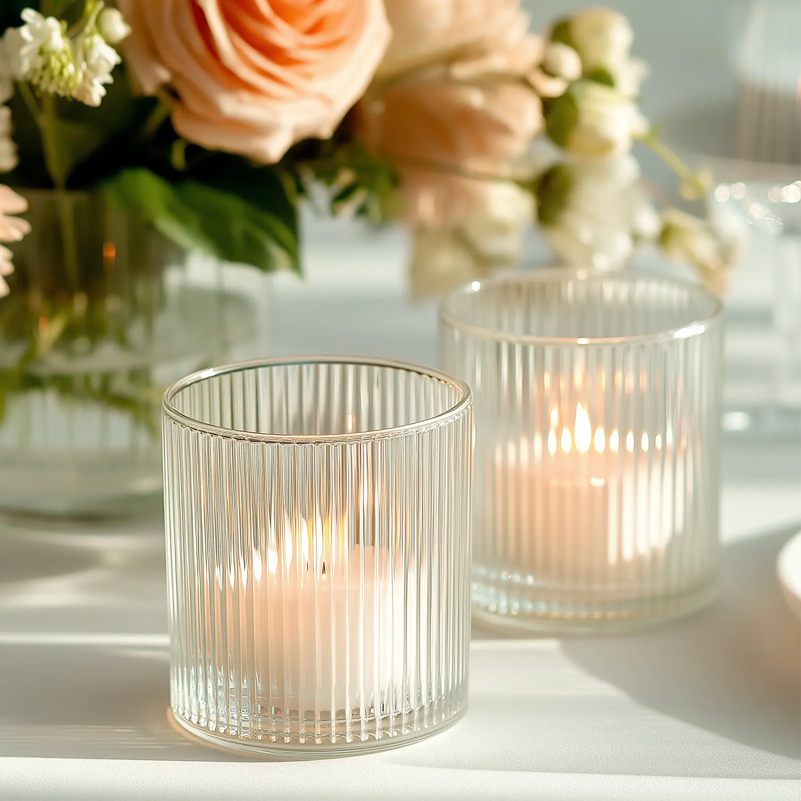 12-Pack Transparent Glass Votive Candle Holders - 2.5" Ribbed Tealight Cups for Indoor Use, Room Decor, Party Decorations, Table Decor, Tea Light Holders