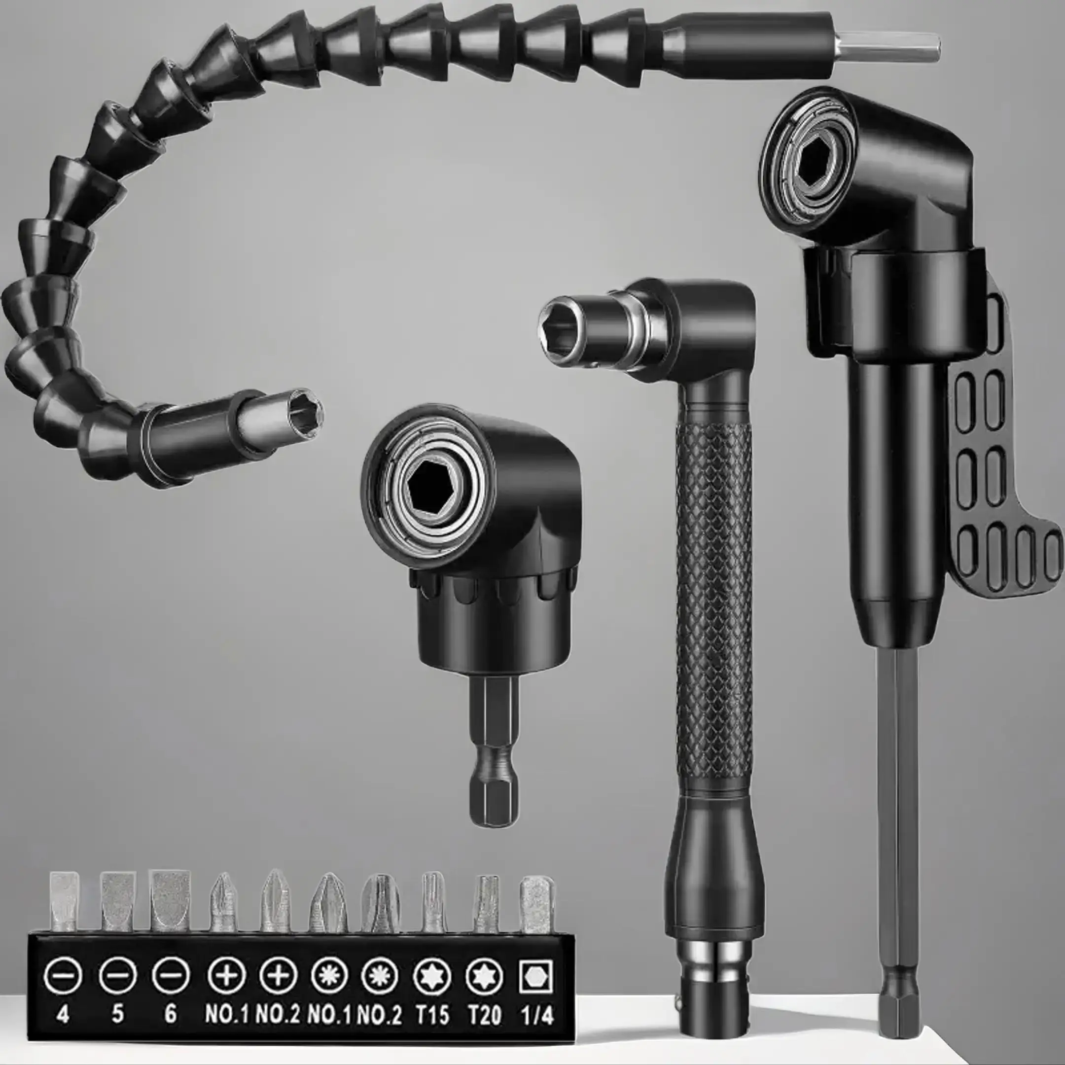 Flexible Drill Bit Extension Kit, 1/4 Inch Hex Shank Bendable Drill Bit Extension Set with 90° Right Angle & 10 Short Screwdriver Bits, Electric Manua