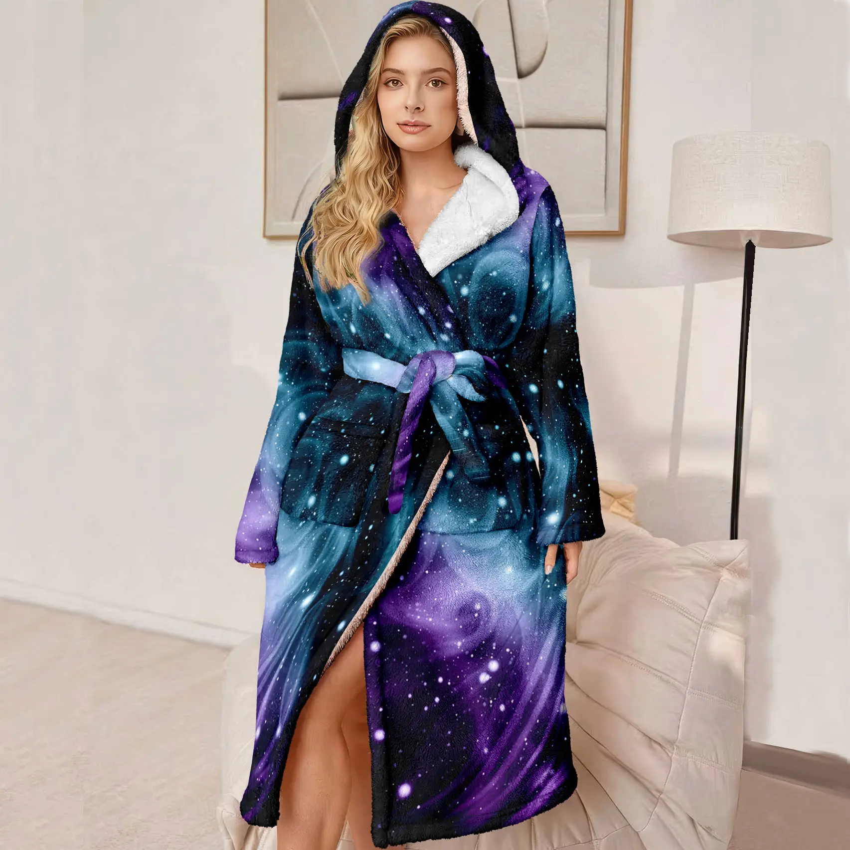 Plus Size Hooded Bathrobe for Women, Soft Plush Long Robe with Starry Sky Pattern, Perfect Gift for Mother and Wife