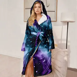 Plus Size Hooded Bathrobe for Women, Soft Plush Long Robe with Starry Sky Pattern, Perfect Gift for Mother and Wife