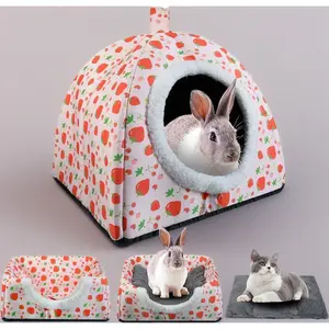 Strawberry Cozy Fleece Hut - Washable Rabbit Hideout & Bed for Indoor Bunnies. Warm, Soft Guinea Pig House with Removable Pad, Perfect Small Animal Hideaway