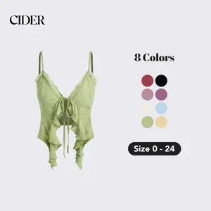 Cider Women's Lace Ruffle Hem Knotted Crop Top with Adjustable Crisscross Strap, Beach Vacation Staple Knit Top, Spring Break Adjustable Bralette, Boho Beachwear Lace Crop Top, Lady Adjustable Tie-Front Bikini Cover Up, Music Festival Spring Outfits