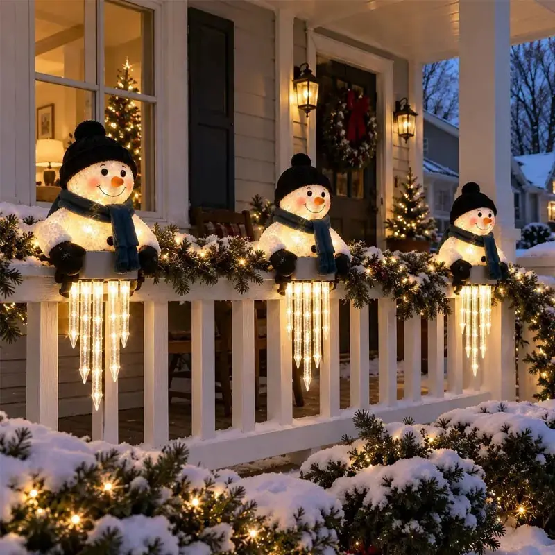 WinterGlow Snowman Icicle Light Decor, Hand-Painted Resin Snowman With Warm LED Icicle Lights, Clip-on Design For Railing Fence, Waterproof Holiday Lamp, Christmas Yard Mantel Decor, Indoor Outdoor Festive Ornament & Seasonal Gift