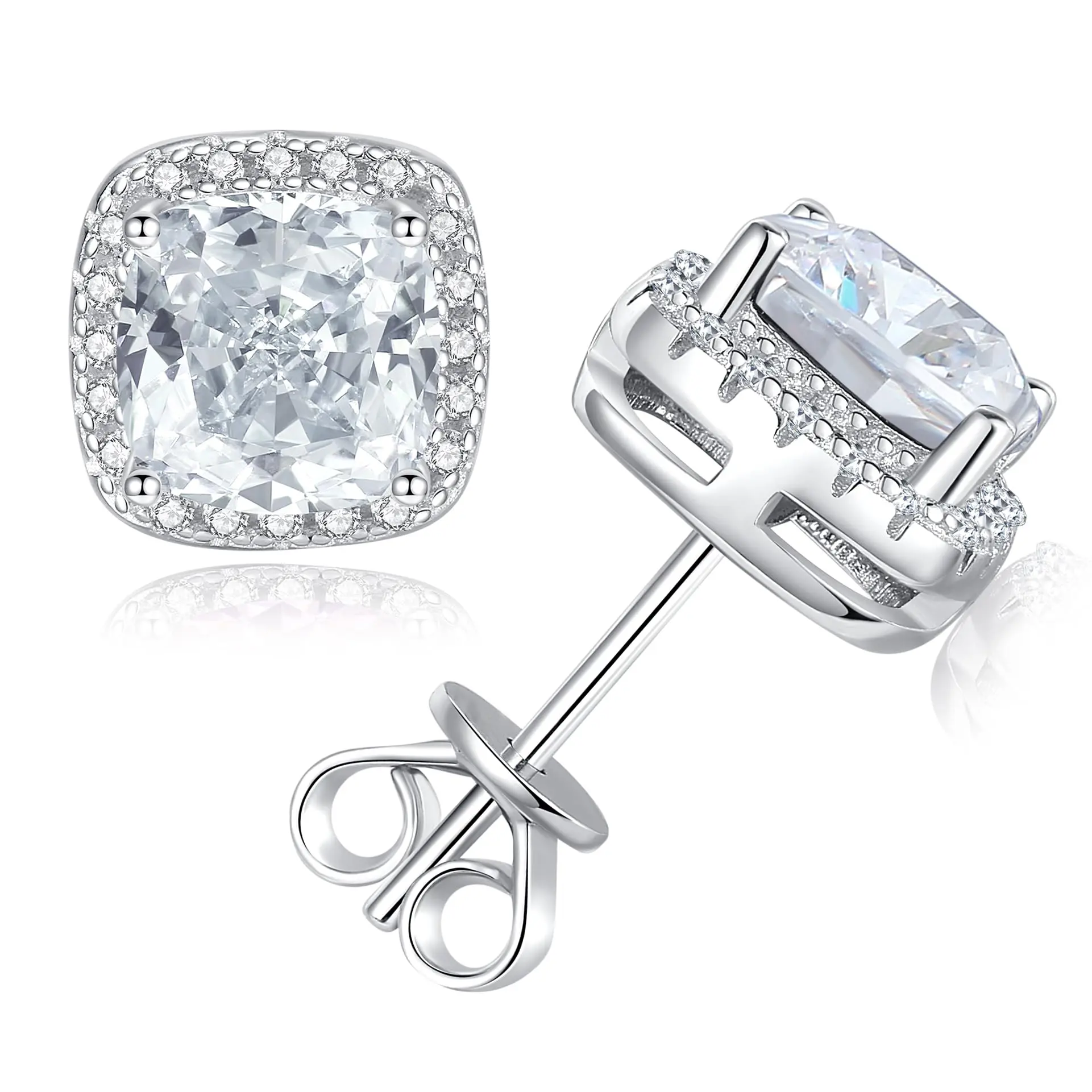 Women's 925 Silver Square Halo Pave Stud Earrings - 4Ct Cushion Cut 5A Cubic Zirconia/Ruby/Sapphire, Hypoallergenic Mock Diamond Jewelry Gifts, Cubic Zirconia Earrings