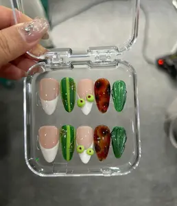 Dirty Martini Press on Nails, Olive Art, Green French Tip, Tortoise Shell