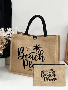 Linen Beach Letter Handbag, Tote Handbag, Tote Bags, Personalized Bridesmaid Gift Bag, Travel Storage Bag, Large Capacity Makeup Bag, Perfect for Weddings, Birthdays, Holidays