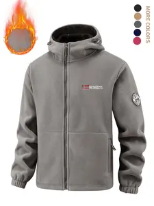 Men's Fall Winter Zipper Jacket, Letter Embroidered Fleece Coat, Casual Regular Fit Outdoor Wear, Simple Fashion Warm Comfortable, Casual Fitted Jacket