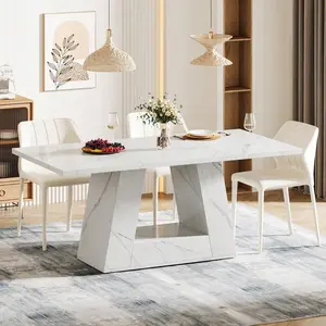 Dining   4 To 6 People, 63" Rectangular Dining  , Modern Wooden Faux Marble Dinner  With Sturdy Base  Kitchen, Living  table for Room Mobile Standing Desk Wheels