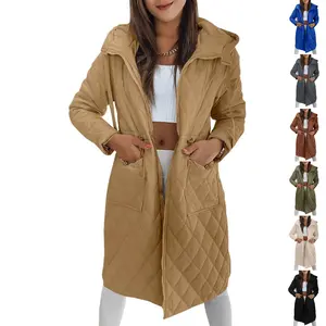 Lannew Womens Long Quilted Jackets Zip Up Hooded Drawstring Waist Coats with Pockets